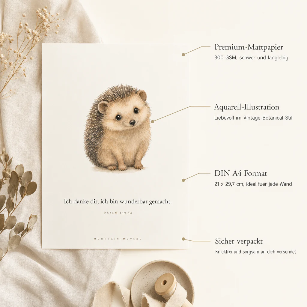 Ich danke dir, ich bin wunderbar gemacht, Igel Kinderposter A4 - Image 3