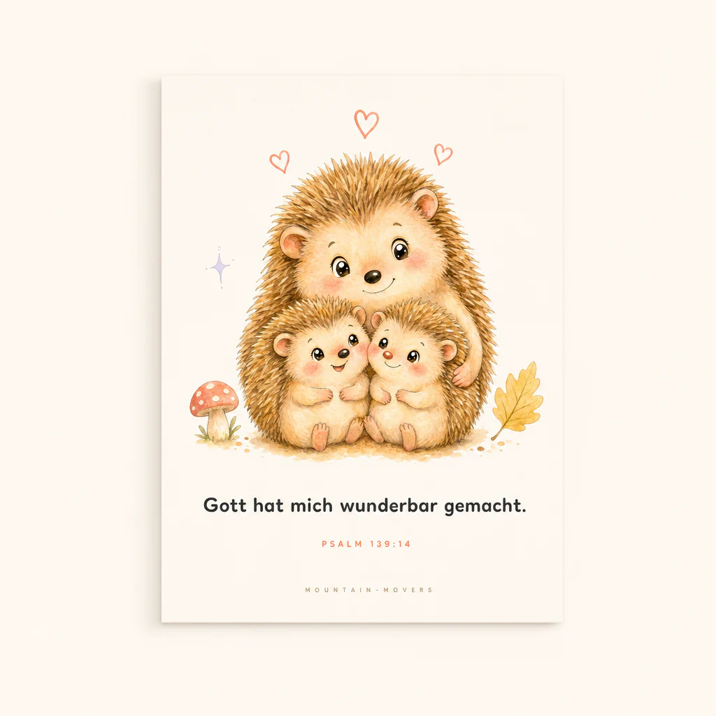 Gott hat mich wunderbar gemacht, Igel Familie Kinderposter A4