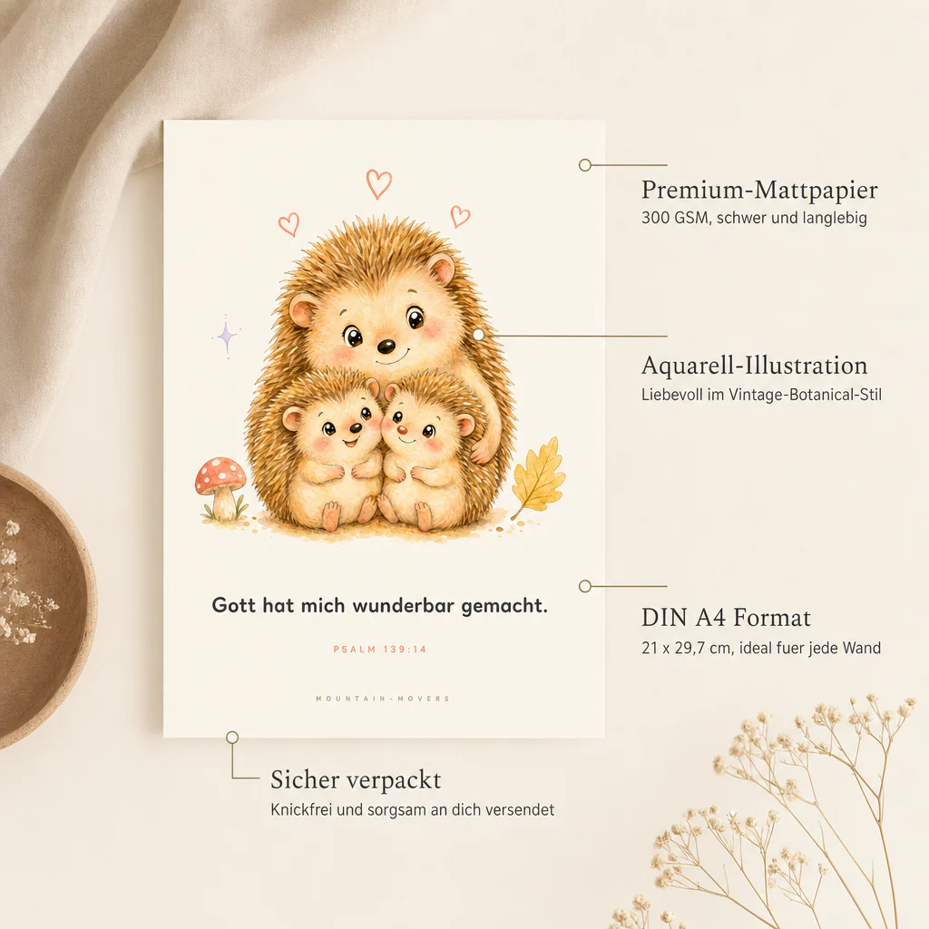 Gott hat mich wunderbar gemacht, Igel Familie Kinderposter A4 - Image 3