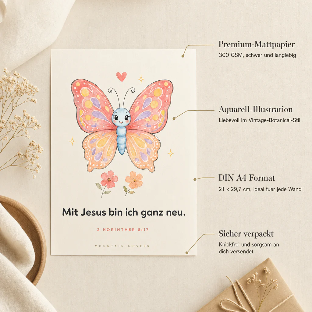 Mit Jesus bin ich ganz neu, Schmetterling Kinderposter A4 - Image 3